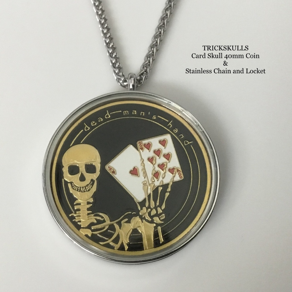 Card Guard Skeleton Skull Enamel Coin Stainless Locket 45-60cm Wheat Link Chain